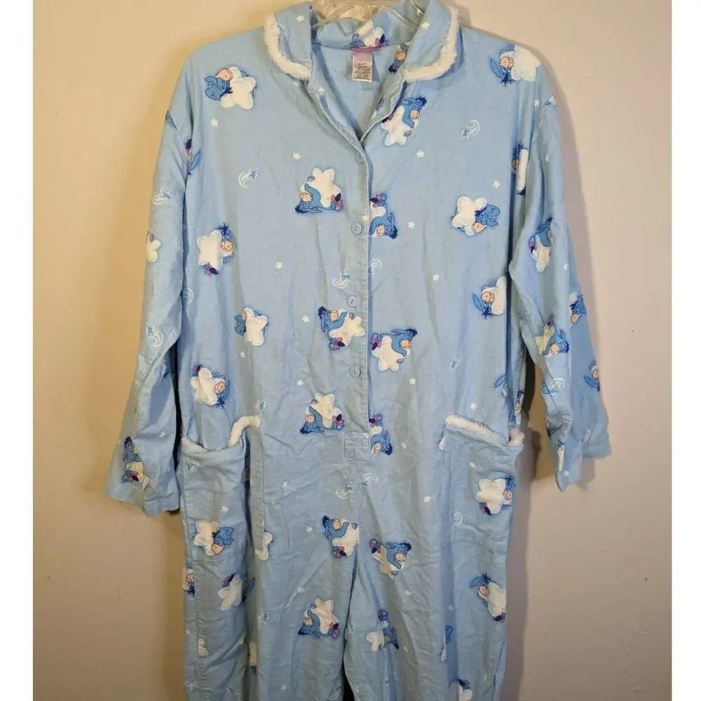 VTG Disney Adult Womens Light Blue Fuzzy Eeyore Clouds Footed Sleeper Pajamas L - Picture 2 of 8